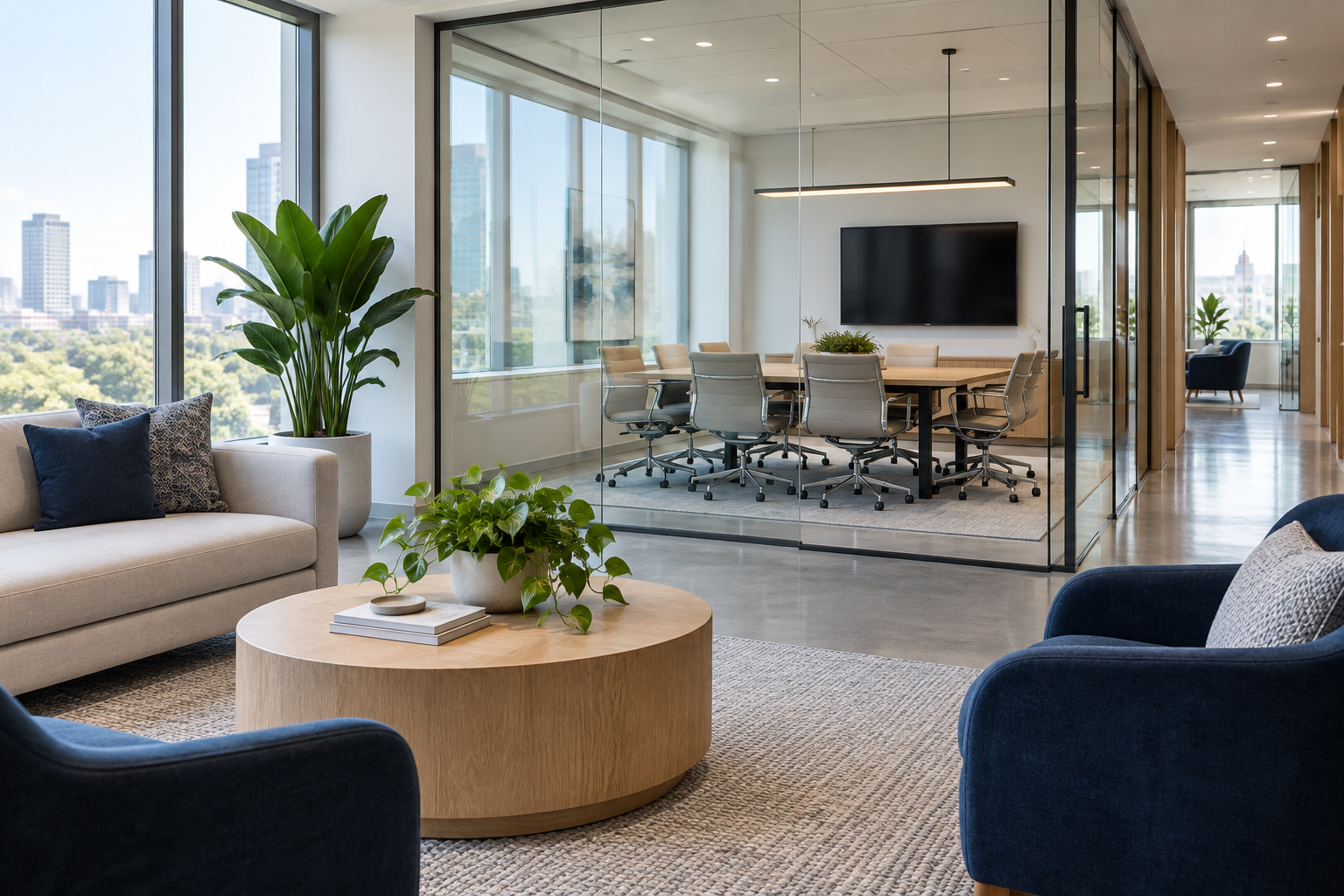 A clean, light-filled professional office with meeting and lounge space